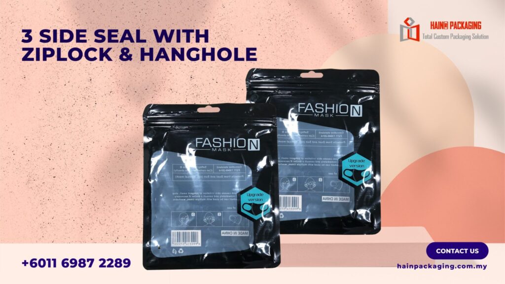 Two identical black and clear plastic pouches with ziplock seals and hang holes, displayed against a light pink background with text overlays.