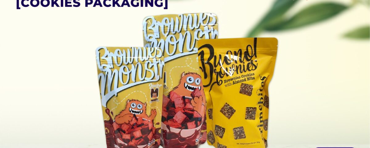 Three yellow stand-up pouches labeled Brownies and Bueno Brownies with cartoon monster graphics.