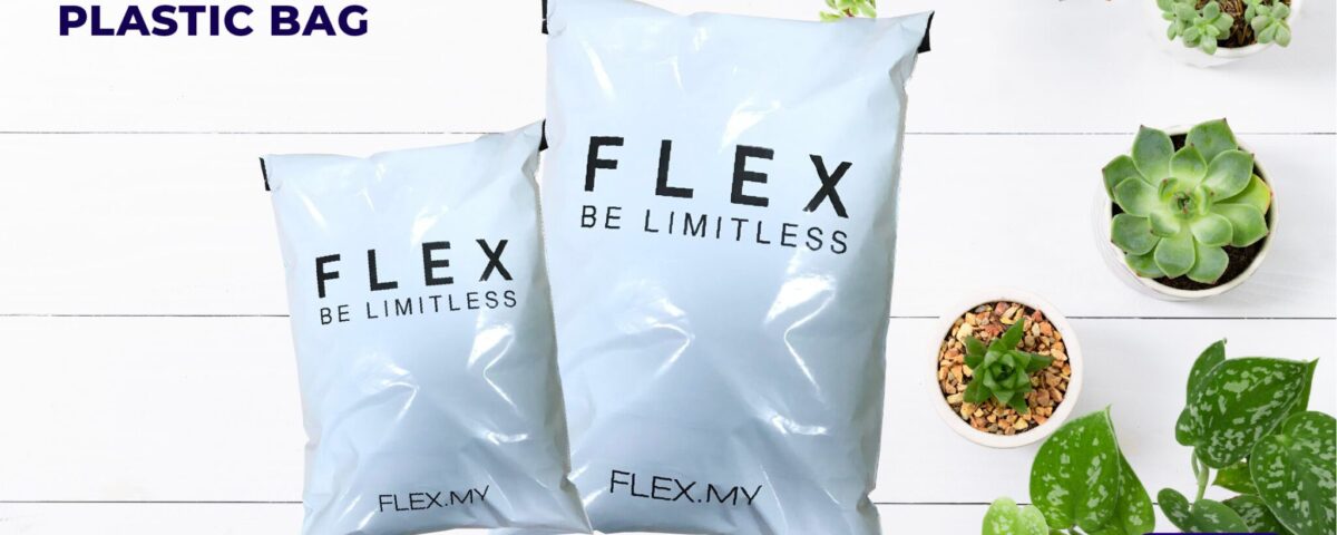 Two white plastic mailing bags with the text FLEX BE LIMITLESS printed on them, displayed on a white wooden surface with potted plants.