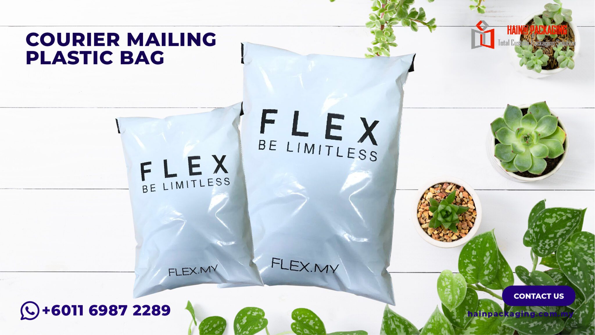 Two white plastic mailing bags with the text FLEX BE LIMITLESS printed on them, displayed on a white wooden surface with potted plants.