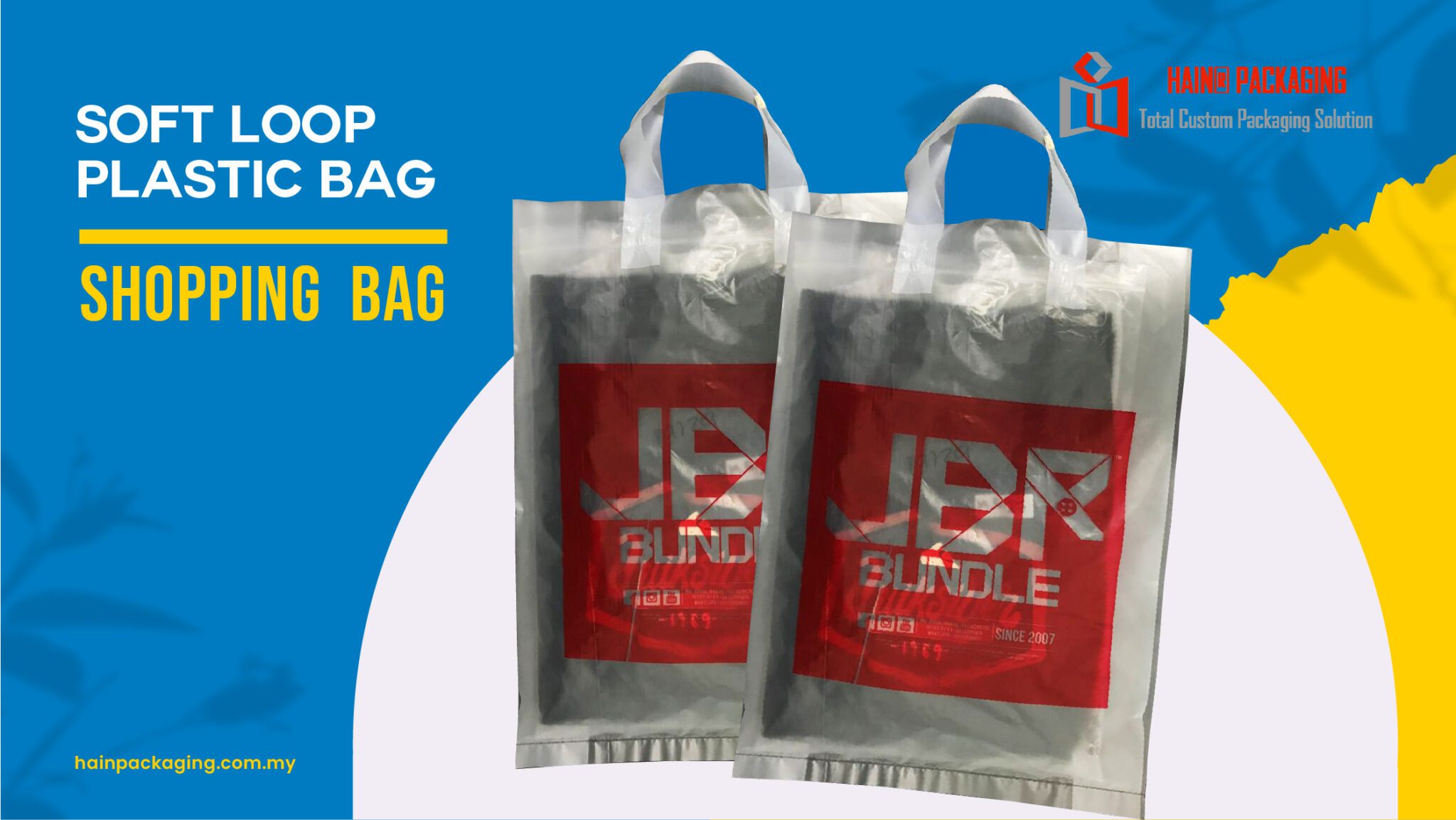 Two translucent plastic shopping bags with white soft loop handles, each featuring a red square logo with the text JBR BUNDLE.