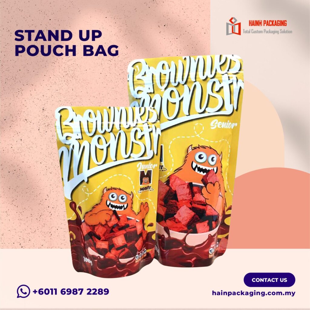 Two yellow stand-up pouches labeled Brownies Monster with a cartoon monster character eating brownie cubes.