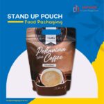 A stand-up pouch for Pellavina White Coffee Hazelnut flavor, featuring a graphic of coffee beans and a cup of coffee.