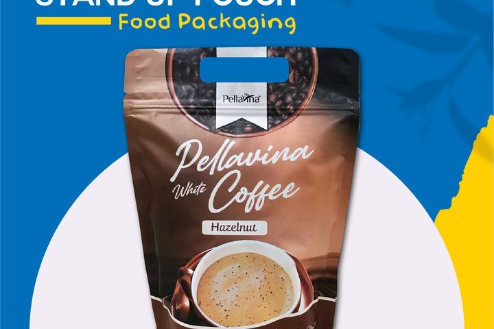 A stand-up pouch for Pellavina White Coffee Hazelnut flavor, featuring a graphic of coffee beans and a cup of coffee.