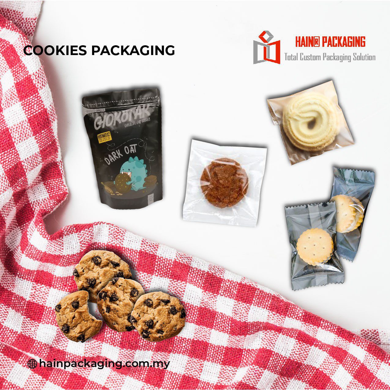 A flat-lay view of various cookies and their packaging on a red and white checkered cloth.