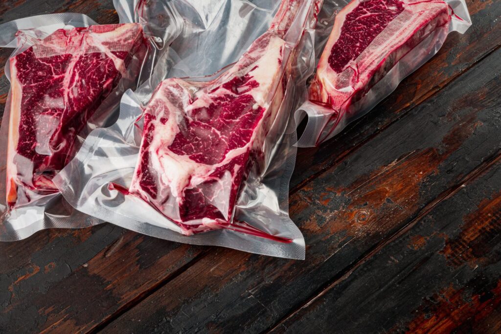 Three raw steaks in vacuum-sealed plastic packaging on a dark wooden surface.