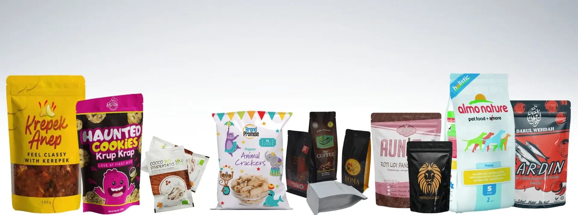 A collection of various stand-up pouches and food packaging bags arranged against a white background.