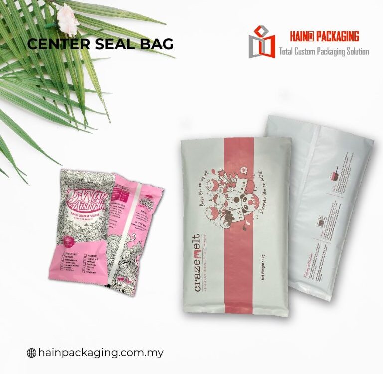Two types of center seal packaging bags displayed on a white background with a palm leaf accent.